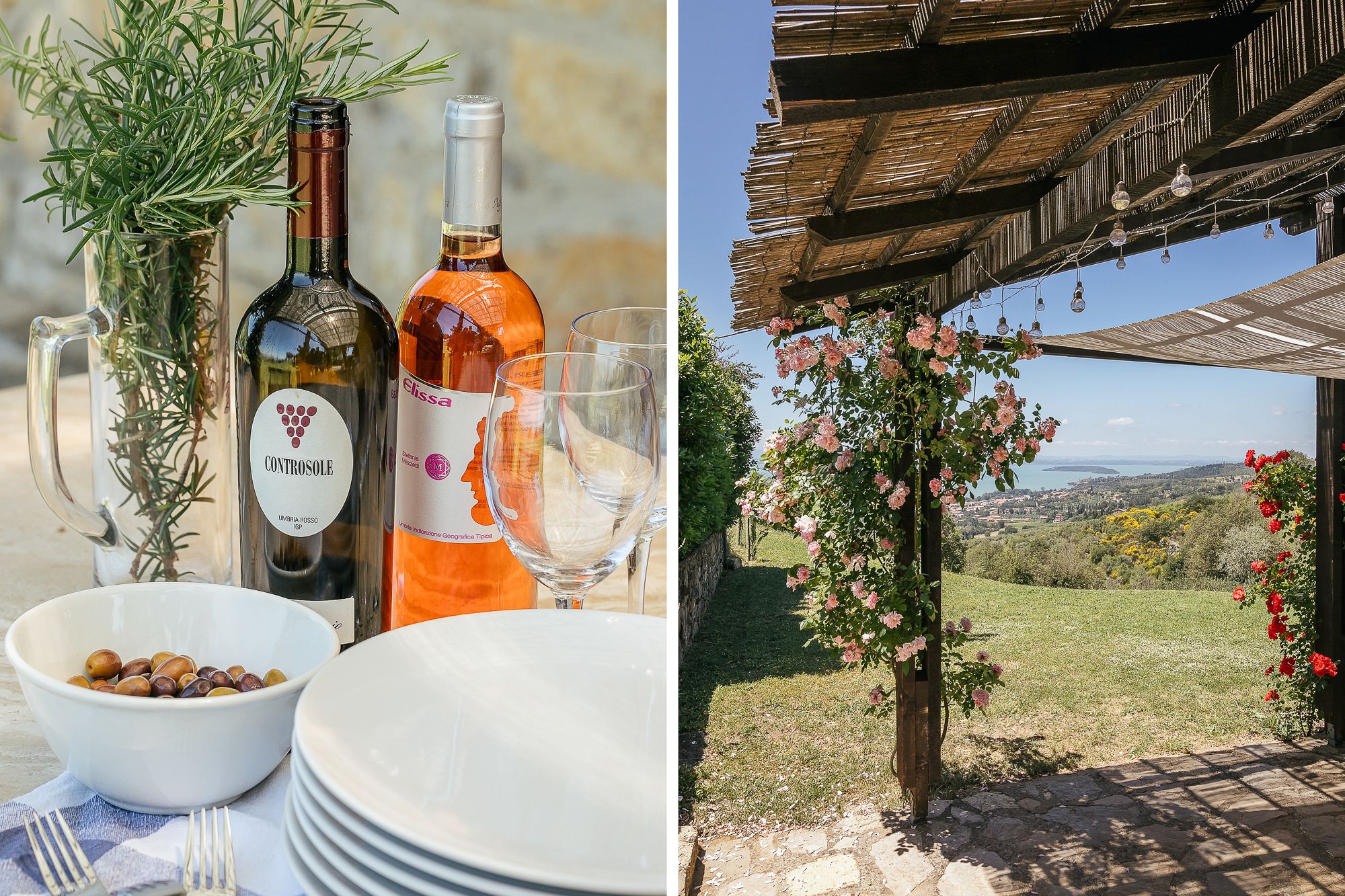 Umbrian white and rosé on the outdoor table, ready for lunch