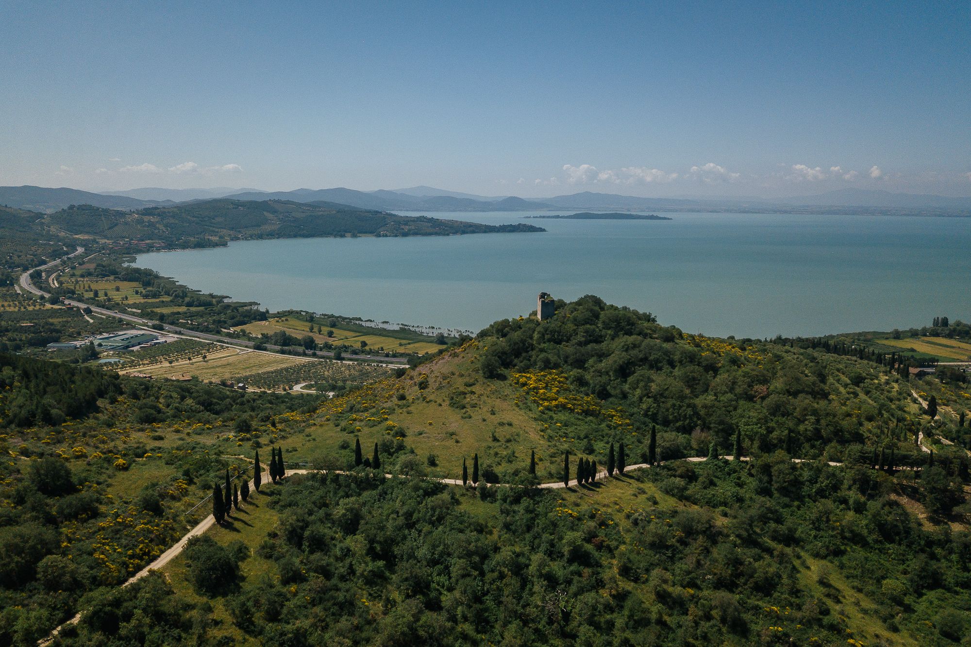 Panoramic view over Lake Trasimeno from the hills above Passignano